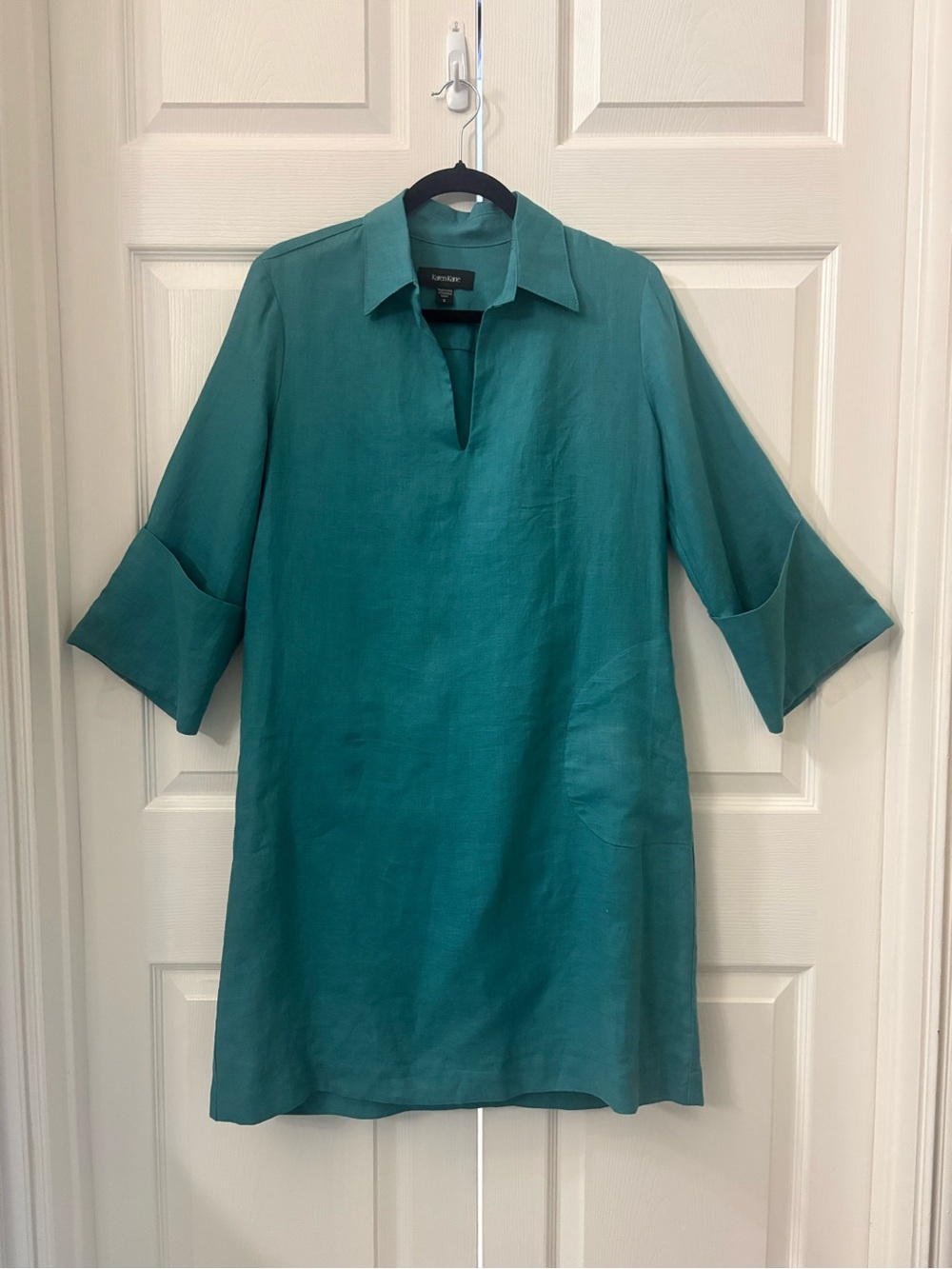 NWT - Karen Kane Teal Linen Split-Neck Tunic Dress w/side pockets. Size: Small